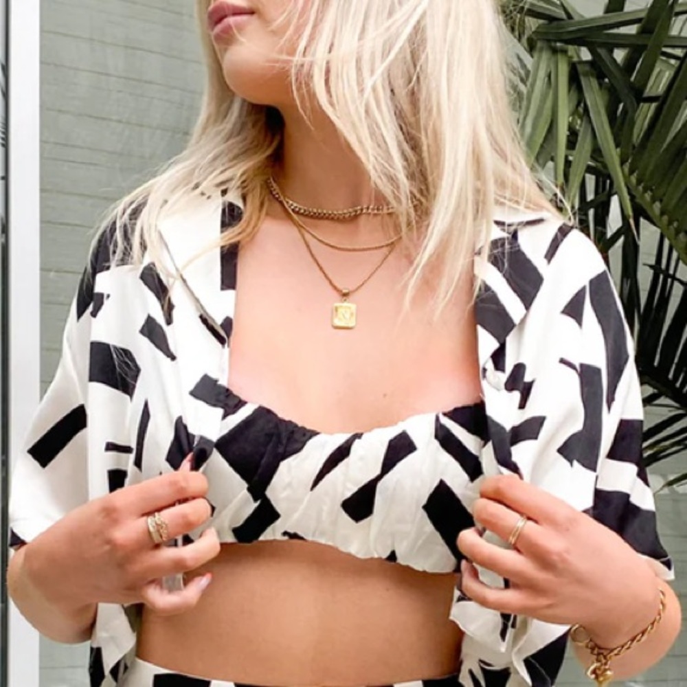 Matching Set - Patterned Crop Button Down With Br… - image 1